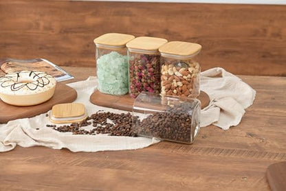 D2scrma 37oz Airtight Glass Square Storage Canister with Bamboo Lid Set of 4 (1100ml) Container Stackable Jar, Kitchen Canister for Pantry Noodles, Flour and Coffee beans (‎with Black Lable) - size: 37oz*4