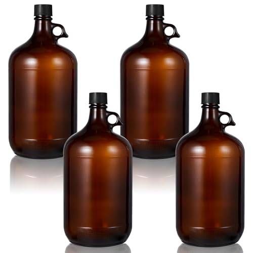 Maxdot 4 Pack 1 Gallon Glass Fermentation Jug with Airtight Lid, 128 oz Amber Glass Carboy with Handle for Kombucha, Beer Brewing, Wine Making, UV Protection - size: 1 Gallon