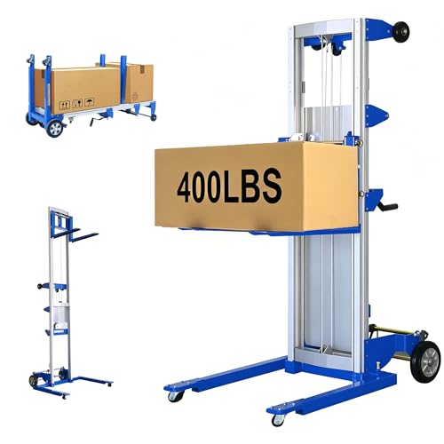 122" Material Lift Winch Stacker, 400 lbs Capacity Manual Material Lifts, Adjustable Straddle Material Lifter, Hand Winch Lift Trucks for Warehouse, Factory, Lightweight, 42.90" L x 43.30" W - color: Blue Adjustable Legs