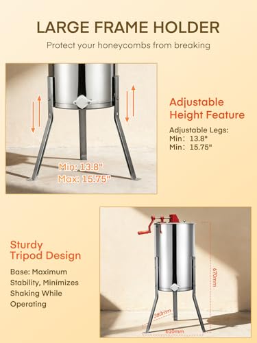 FOHERE 3-Frame Honey Extractor, Food-Grade Stainless Steel Manual Beekeeping Equipment, Apiary Centrifuge with Height-Adjustable Stand, Perfect for Hobby Beekeepers & Home Apiaries - size: 3 Frame