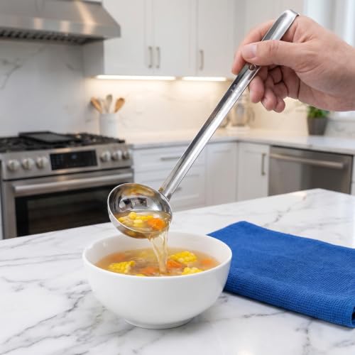 3-Pack Stainless Steel Soup Ladle Set with Hooked Long Handle 2 oz | 2 ounce serving capacity, sauce and gravy use, stew and soup serving, dishwasher safe build, comfortable hooked grip - size: 2 oz