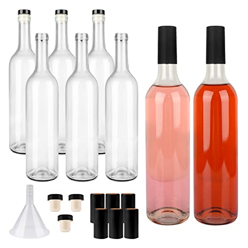 GUANENA 8 Pack 750ml Clear Glass Bottles with Cork Lids and PVC Shrink Capsules, Empty Home Brewing Wine Bottles with Funnel for Sparkling Wine, Juice, Kombucha, Beverages - color: Clear