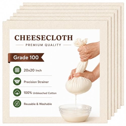Premium 6 Pack Grade 100 Cheese Cloth, 20x20 Inch Reusable Hemmed Muslin Cloth, Unbleached Cotton Strainer for Cheese Making, Yogurt, Butter & Cooking