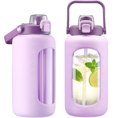 72oz Glass Water Bottle with 2-IN-1 Straw &Chug Lid, Large Motivational Glass Bottle with Capacity Marker and Silicone Sleeve, 2.1Liter Gallon Water Jug for Home, Sports, Gym, BPA Free-Light Purple - color: Light Purple