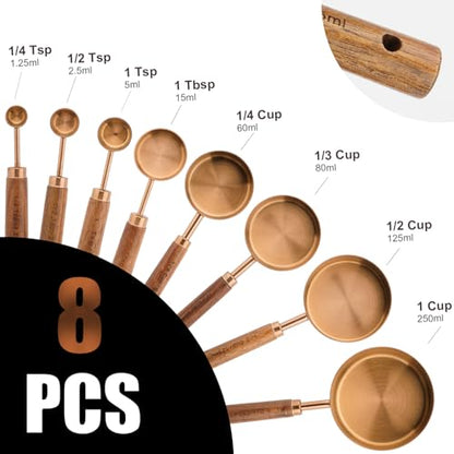 SHIKORI Gold Measuring Cups and Spoons Set with Wood Handles, Premium Stainless Steel Measuring Spoons and Measuring Cups Set, For Cooking and Baking in the Kitchen (Bronze) - color: Bronze