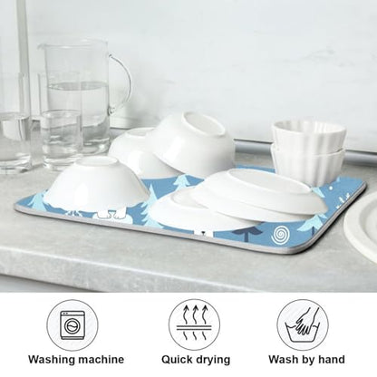 Polar Bears Trees Blue Dish Drying Mat for Kitchen Counter Super Absorbent Draining Mat with Non-slip Backed Drainer Mat for Countertops Sinks Draining Racks Dish Bottles Cups Bowl