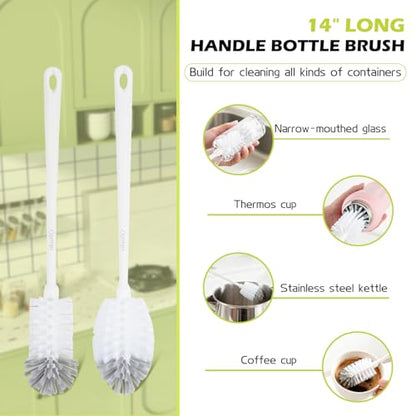2 Pack 14 Inch Bottle Brush & 12 Inch Straw Brush Cleaner Set - Heavy Duty Kitchen Bottle Brushes for Cleaning Water Bottles, Mugs, Sippy Cups & Tumblers, Lab Use (Large) - size: with 10mm Straw Brush