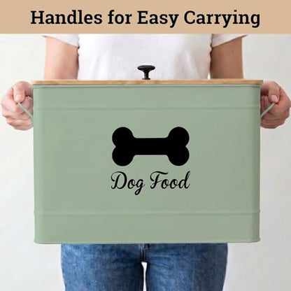 Dog Food Container Airtight Bamboo Lid 15-20 lb Sturdy Metal Handle 70 Cups | Pet Jar For Dogs up to 100lbs, Airtight Bamboo Lid, Sturdy Comfortable Metal Handle, Powder Coated Iron, Kibble Storage Bin - color: Sage Green