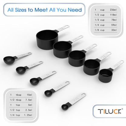 TILUCK Measuring Cups & Spoons Set, Stackable Cups and Spoons, Nesting Measure Cups with Stainless Steel Handle, Kitchen Gadgets for Cooking & Baking (Black) - color: Black