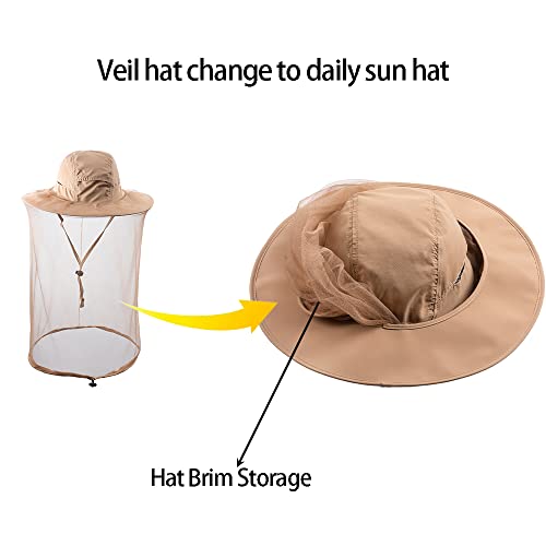 Bee Keeping Beekeeper Veil hat gnats Insect Bug Mosquito Fishing Gardening Cap with Head net Netting mesh Hood for Men Women - color: Khaki