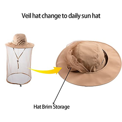 Bee Keeping Beekeeper Veil hat gnats Insect Bug Mosquito Fishing Gardening Cap with Head net Netting mesh Hood for Men Women - color: Khaki