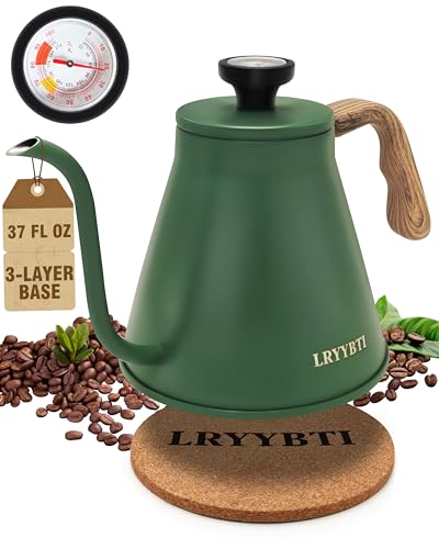 Gooseneck Kettle Stovetop with Thermometer for Durable 3-Layer Base，Pour Over Kettle Stainless Steel Tea Kettle Compatible with all Stove Tops (Green, 37 fl oz) - color: Green