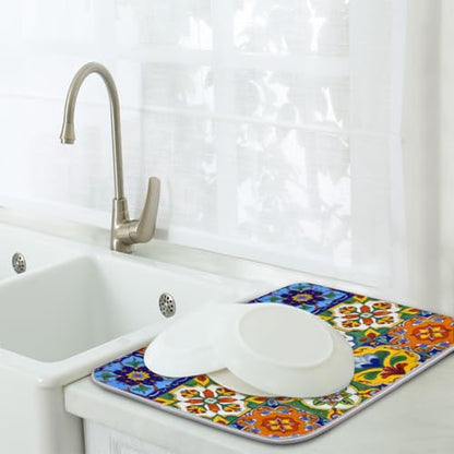 Dish Drying Mats for Kitchen - Super Absorbent Dish Dryer Mat for Countertops Microfiber Dishes Drainer Pad Hide Stain Draining Rack Mat Gadgets for Easy Clean Multi-Use 16"x18" (Mexican Tiles, S) - size: S