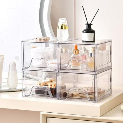 Stebopum 6 Pack Stackable Makeup Organizer, 4.4'' Tall Acrylic Bathroom Makeup Organizer and Storage Drawer with Pull-out Handle, Clear Plastic Storage Bins for Vanity,Pantry,Desk,Undersink,Kitchen - style: 6pack Small