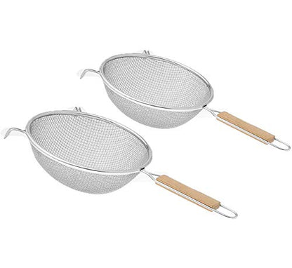 Double Mesh Strainer with Non Slip Wooden Handle. Premium Stainless Steel Strainer Mesh Ideal for Quinoa, Tea, Soup, Sifting, Baking, Straining - 12 & 16cm, Set of 2 Pieces - size: Set of 2 Strainer