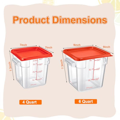 Suclain 8 Pack 4 QT and 6 QT Food Storage Containers with Lids Scales Handles Square Clear Restaurant Food Storage Containers Polycarbonate Commercial Grade for Kitchen Marinating Meat Dough(Red) - color: Red
