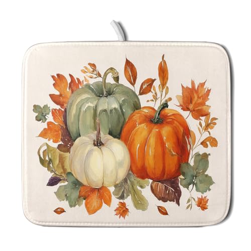 Giwawa Fall Pumpkin Dish Drying Mat Autumn Leaves Absorbent Dishes Pad 16x18 Inch Seasonal Microfiber Dish Drainer Rack Mat for Kitchen Countertop - color: Fall Pumpkin, size: 16x18 inch