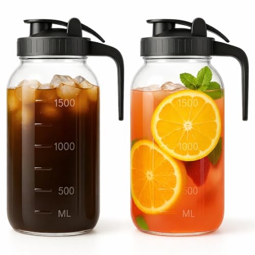 Mason Jar Pitcher Set of 2-64oz (2 Quart) Airtight & Leakproof Glass Pitcher with Lid, Perfect for Storing Breastmilk, Cold Brew, Sun Tea, with Easy-Pour Spout Lid - color: Black & Black, size: 64 Ounces