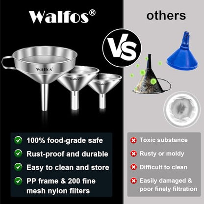 Stainless Steel Funnel, Walfos 4 Pack(4in、3 in、2.2 in、1.7in Kitchen Funnel with 2 Removable Strainer ＆ 1Pcs Cleaning Brush, Perfect for Transferring of Liquid, Oils, Jam, Dry Ingredients & Powder - color: 4pcs 10.4cm+7.5cm+5.5cm+4.5cm