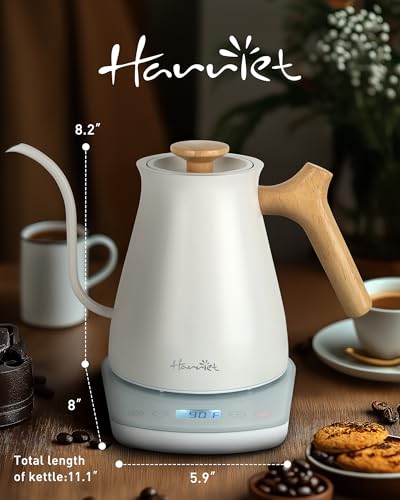 Harriet Gooseneck Electric Kettle 1200W Fast Heat, 0.8L Stainless Steel, Precision Temp Control & Timer, Wood Handle - color: White