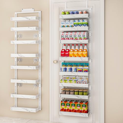 BUKFEN 8-Tier Over the Door Pantry Organizer, 2-in-1 Door Hanging or Wall Mounted Spice Rack, Heavy Duty Metal Storage Shelves with Adjustable Baskets for Kitchen Bathroom Closet - color: White pole marble color, size: 8 Tier
