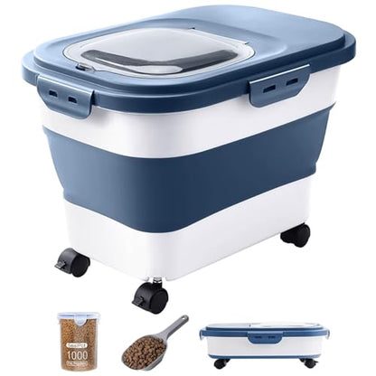 20-23 Lbs Dog Food Storage Container - Collapsible Dog Food Container with Wheels Airtight Lids, Scoop and Small Container, Pet Food Storage Dry Food For Dog, Cats and Other Pet (Blue) | Dog Food Container with Double Airtight Seal & Magnetic Lid,Cat Food