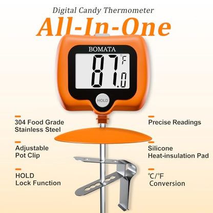BOMATA Digital Candy Thermometer with Pot Clip, Deep Fry Oil Thermometer with Rotatable Display & Long Probe, for Candy Candle Making, Cooking, Food, Liquids, Water, Sugar.. Orange - color: Orange