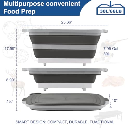 BBQ Prep Tub Collapsible with Cutting Board & Lid XXL 7.95 Gal / 66 lb Meat Marinating Basin & Barbecue Utensils - Grill Carry System - Outdoor - Gift for World Cup 2026