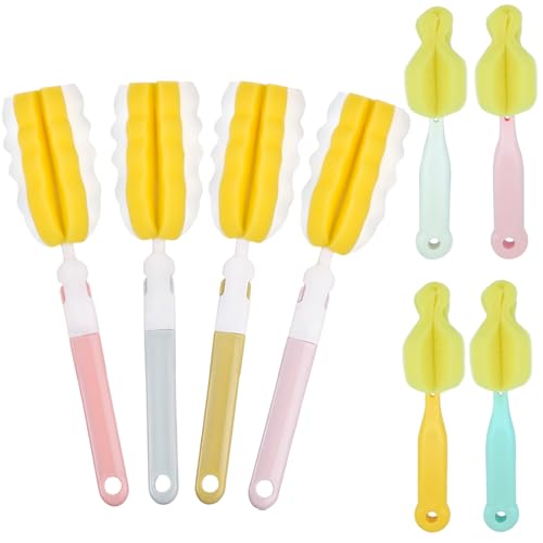 4PCS Baby Bottle Brush Set - Milk Bottle & Nipple Cleaner with 4 Detachable Portable Scrubber Brushes - color: 4 Yellow Brush+4 Nipple Brush
