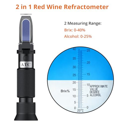 Proster Red Wine Refractometer Grape Wine Refractometer Wine Making Kit Brix Refractometer ATC Refractometers Brix Scale 0-40% Measures Sugar Content to Predict Alcohol Degree for Fruit Wine - color: Black