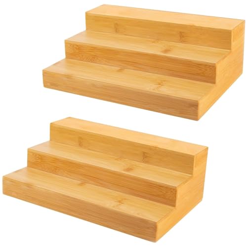 2 Pack Bamboo Spice Rack Organizer for Kitchen Counter, 3 Tier Spice Shelf Holder for Cabinet (Jars Not Included) - style: Step Shelf