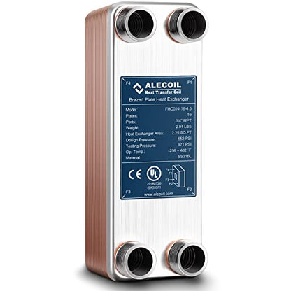 ALECOIL 3"x8" 16 Plates Heat Exchanger with 3/4" MPT Port Water to Water 316L Stainless Steel Brazed Plate Heat Exchanger for Water Heating, Floor Heating, Commercial and Industrial Refrigeration - size: 3"X8"-16P