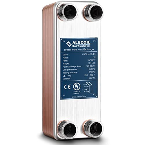 ALECOIL 3"x8" 16 Plates Heat Exchanger with 3/4" MPT Port Water to Water 316L Stainless Steel Brazed Plate Heat Exchanger for Water Heating, Floor Heating, Commercial and Industrial Refrigeration - size: 3"X8"-16P