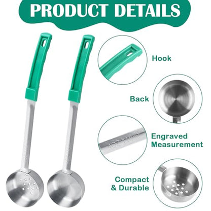 8 PCS Portion Control Serving Spoons, 4 oz Portion Scoops Cups, Solid and Slotted Stainless Steel Ladle Spoon, Pizza Sauce Ladle for Food, Serving Utensils, Measuring and Serving - Green