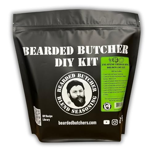 Bearded Butchers Jalapeño Cheddar Ring Bologna DIY Kit – Spicy, Jalapeño Cheddar Flavor – Includes Salt & Pepper, Casings, Curing Salt, Encapsulated Citric Acid, Dried Minced Garlic, Hickory Smoke Powder, Jalapeño Flakes and Powder, and High-Temp Cheddar