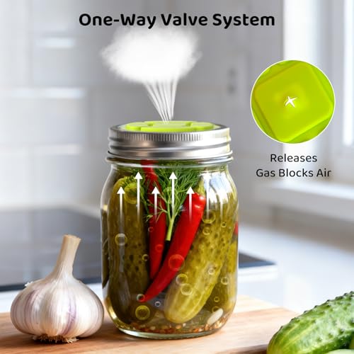 Effortless Fermenting: 5-Pack Silicone Fermentation Lids for Wide Mouth Mason Jars,Self-Burping, One-Way Airlock Valve & BPA-Free,Perfect for Sauerkraut, Kimchi & Probiotic Pickles - style: Wide Mouth/3.38(inch)/5P