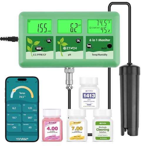 pH EC Continuous Monitor for Hydroponic, WiFi EC PPM CF pH Meter | 6 in 1 , Digital, pH TDS Temp Humidity Conductivity Monitor, for DWC Hydroponic System, Aeroponic Gardening, Aquaponic