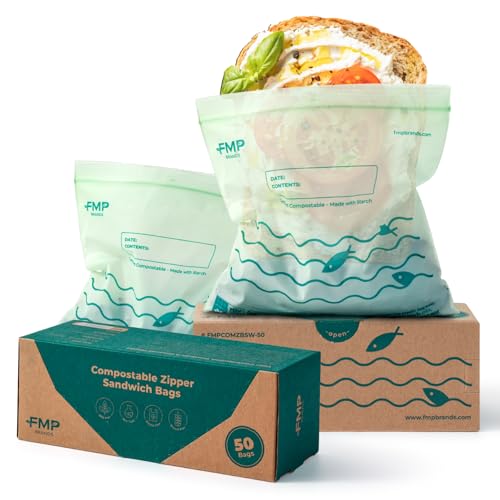 Fit Meal Prep 50 Pack 100% Compostable Sandwich Bags, 6.5 x 6.7" Resealable Food Storage Freezer Bags, Eco Friendly Snack Bags for Travel, ASTM D6400, US BPI & EU OK Compost Certified - style: Sandwich