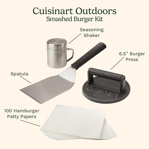 Cuisinart Smash Burger Kit, Cast Iron Press, Spatula, Seasoning Shaker and Patty Papers for Perfect Cookouts, Barbecues and Tailgates - color: Smashed Burger Kit, Cast Iron