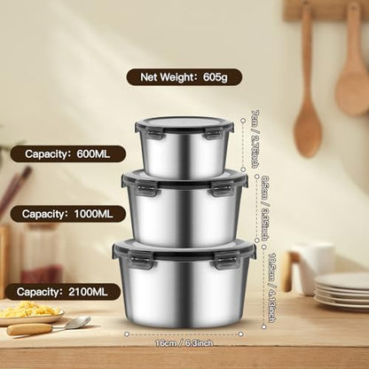 316L Stainless Steel Food Storage Containers with Lids, 20oz 34oz 71oz Airtight Metal Meal Prep Containers,Bento Lunch Box for Kitchen, Picnic & Camping（600 ml / 1000 ml / 2100 ml）