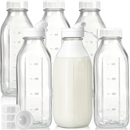 Liter Glass Milk Bottles w 100% Airtight Heavy Duty Screw Lid & 2 Dispenser- 6 Pack 32 Oz Drinking Jars - Food Grade Glass Bottles for Milk, Honey, Jam - Dishwasher Safe(Extra 2 Lids and Stickers)
