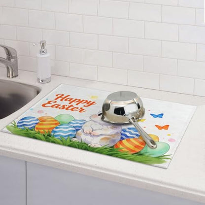 Easter Bunny Dish Drying Mat, for Kitchen Counter Microfiber Absorbent Easter Eggs Dish Draining Reusable Washable Extra Large 18"x24" - color: easter