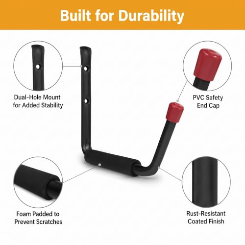 6 Pack Garage Hooks Heavy Duty, Utility Steel Hooks with EVA Foam Padding, 15inch Wall Mount J Organizer Hanger for Hanging Bikes Kayak Garden Tool Hose Bike Shelf - size: 15inch