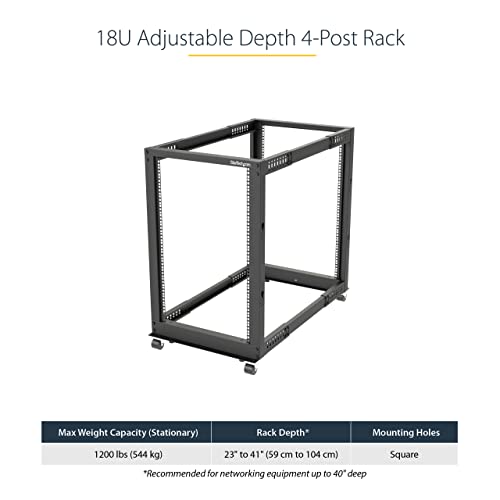 StarTech 18U 4-Post Server Rack, 19in Open Frame Rack with 40in (101cm) Mounting Depth and 1200lb (544kg) Weight Capacity, Mobile or Floor Mount IT Rack | Mobile or floor mount, Cage nuts & screws, U & depth markings, Cable management, EIA/ECA-310-E - siz