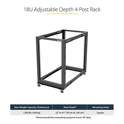 StarTech 18U 4-Post Server Rack, 19in Open Frame Rack with 40in (101cm) Mounting Depth and 1200lb (544kg) Weight Capacity, Mobile or Floor Mount IT Rack | Mobile or floor mount, Cage nuts & screws, U & depth markings, Cable management, EIA/ECA-310-E - siz