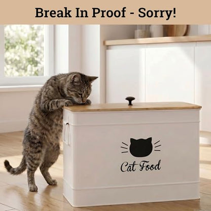 Cat Food Storage Container with Scoop - 15 lb (50 Cup) Capacity Metal Cat Food Container with Airtight Bamboo Lid & Metal Scoop - Airtight Pet Food Storage Containers - 15 lb Treats & Kibble Container - color: White