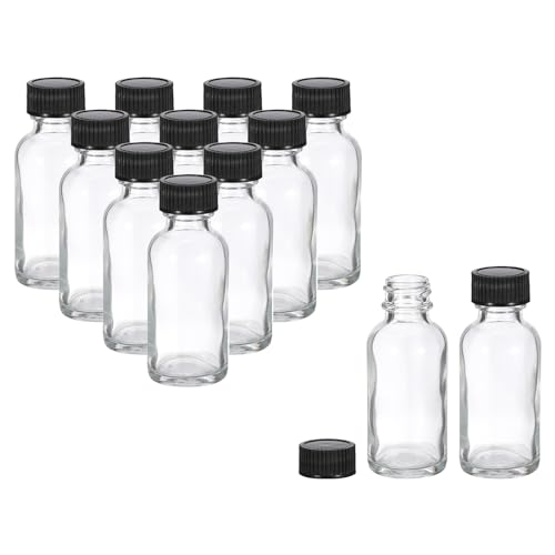 PATIKIL 1oz(30ml) Glass Sample Bottles, 12Pcs Round Bottle Dispensing Bottles with Black Poly Cone Cap for Reagent Liquids, Juice, Perfume Hot Sauce Ginger Shots, Transparent - color: Clear,Black, size: 1 oz