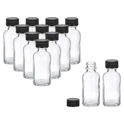 PATIKIL 1oz(30ml) Glass Sample Bottles, 12Pcs Round Bottle Dispensing Bottles with Black Poly Cone Cap for Reagent Liquids, Juice, Perfume Hot Sauce Ginger Shots, Transparent - color: Clear,Black, size: 1 oz