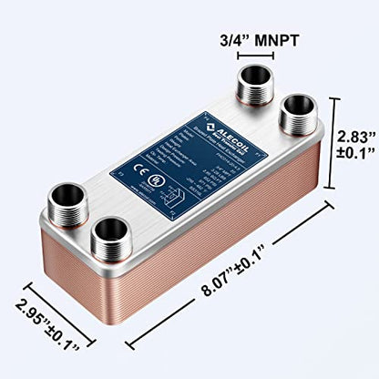 ALECOIL 3"x8"-20 Plates Heat Exchanger with 3/4" MPT Port Water to Water 316L Stainless Steel Brazed Plate Heat Exchanger for Water Heating, Floor Heating, Industrial and Commercial Refrigeration - size: 3"X8"-20P