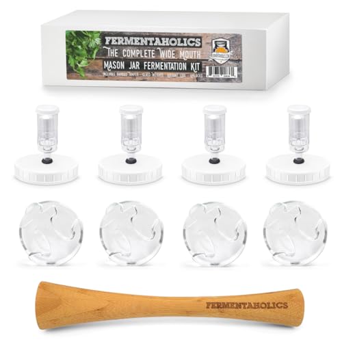 Mason Jar Fermentation Kit | Wide mouth Jar Lacto-Fermentation Pickling Kit |Includes 4 Fermentation Lids, 4 Fermentation Glass Weights, Vegetable Tamper, & Wet Erase Glass Marker
